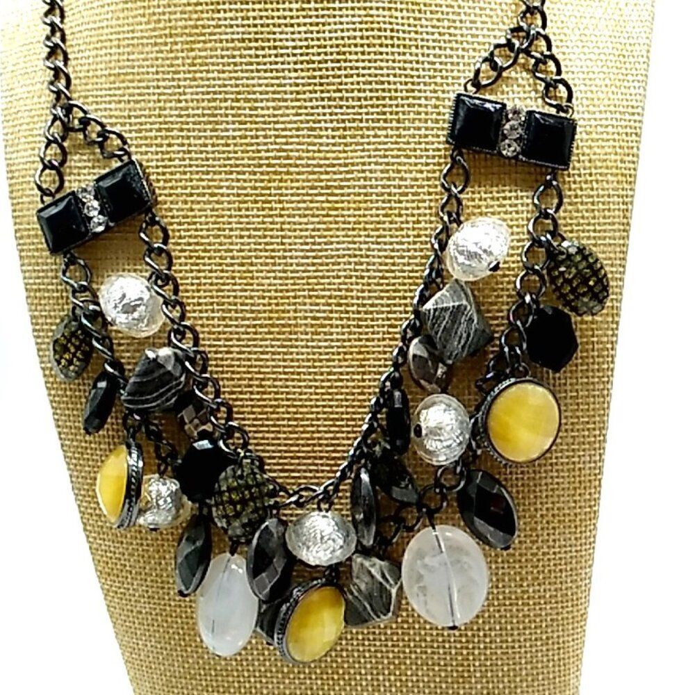 NY & Co. Double Strand Necklace Yellow, Black, Gray Acrylic Faux Gemstones